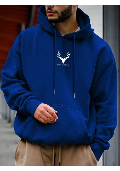 Sax Mavi Geyik Baskılı Oversize Erkek Sweatshirt