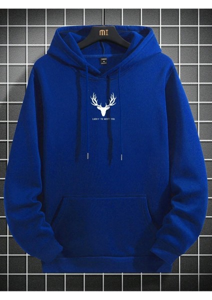 Sax Mavi Geyik Baskılı Oversize Erkek Sweatshirt