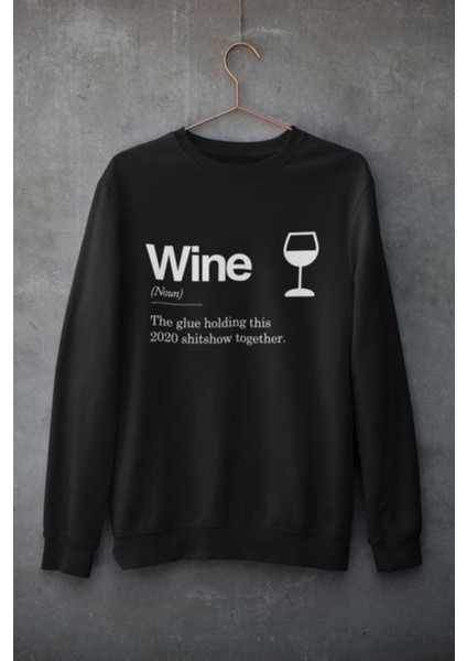 Erkek Siyah Wine Baskılı Oversize Bisiklet Yaka Sweatshirt
