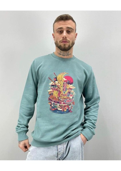 Erkek Nefti Yeşil Xehoh Baskılı Oversize Bisiklet Yaka Sweatshirt