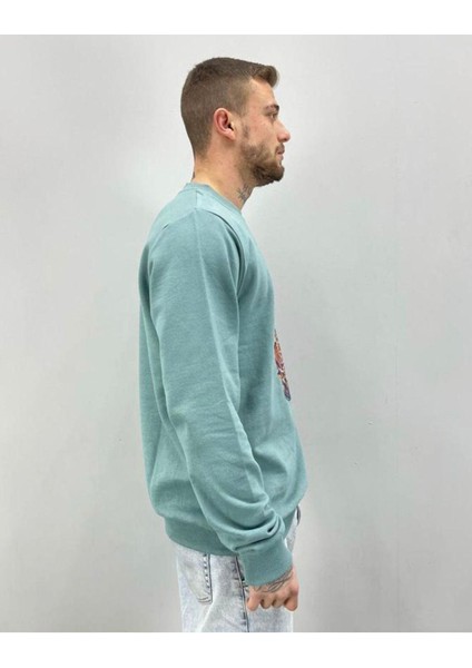 Erkek Nefti Yeşil Xehoh Baskılı Oversize Bisiklet Yaka Sweatshirt