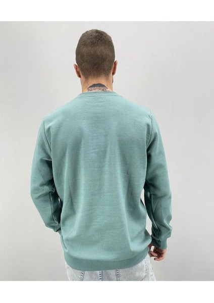 Erkek Nefti Yeşil Xehoh Baskılı Oversize Bisiklet Yaka Sweatshirt