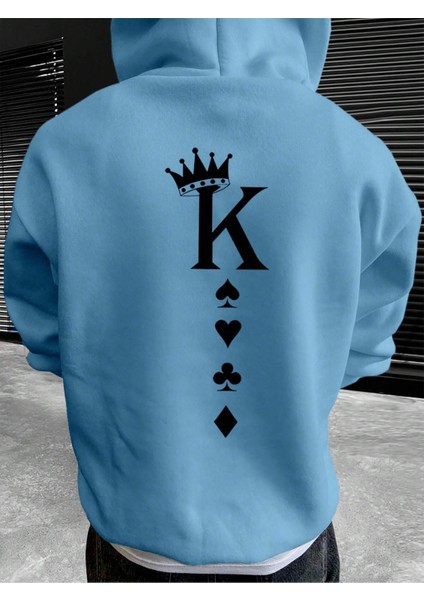 Bebe Mavi Kral Kart Baskılı Oversize Erkek Sweatshirt