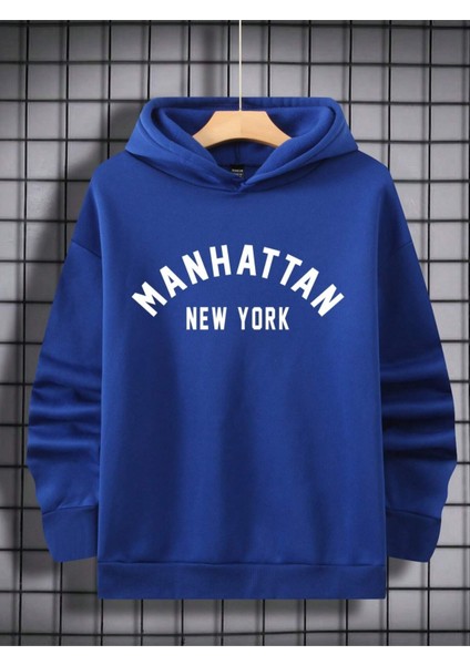 Sax Mavi Manhattan Baskılı Oversize Erkek Sweatshirt