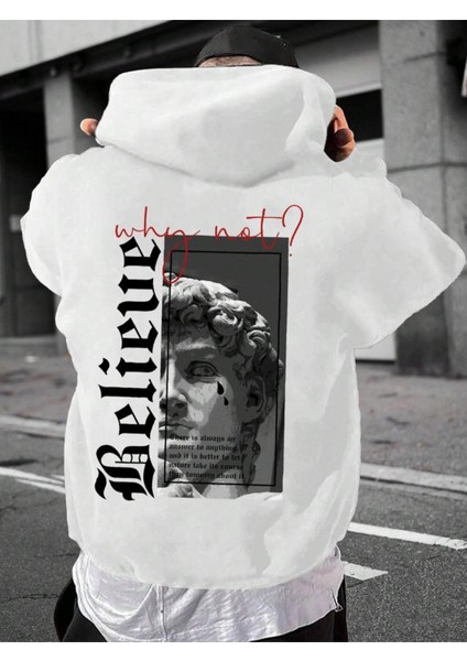 Beyaz Believe Baskılı Oversize Kapüşonlu Erkek Sweatshirt