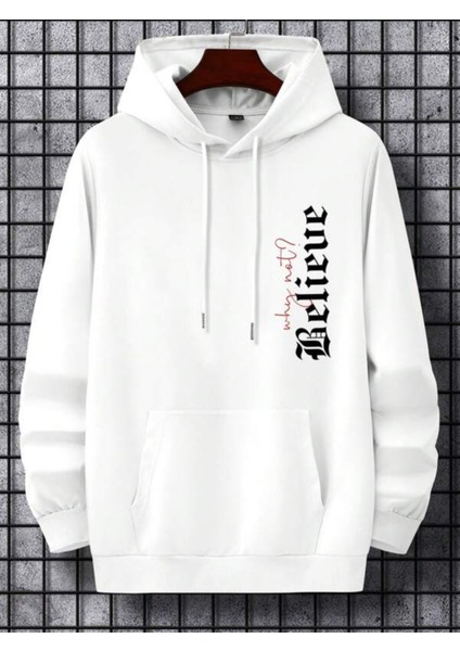 Beyaz Believe Baskılı Oversize Kapüşonlu Erkek Sweatshirt fiyatları