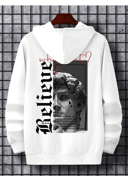 Beyaz Believe Baskılı Oversize Kapüşonlu Erkek Sweatshirt modelleri