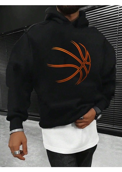 Siyah Basket Topu Baskılı Oversize Kapşonlu Erkek Sweatshirt