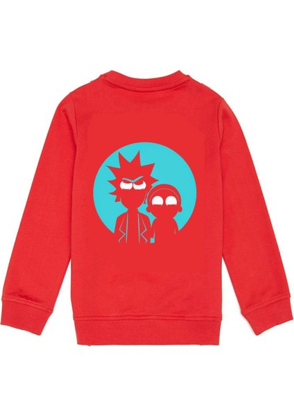 Kırmızı Rick And Morty Baskılı Oversize Erkek Bisiklet Yaka Sweatshirt