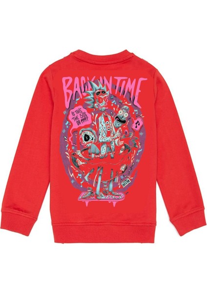 Kırmızı Backintime Baskılı Oversize Erkek Bisiklet Yaka Sweatshirt