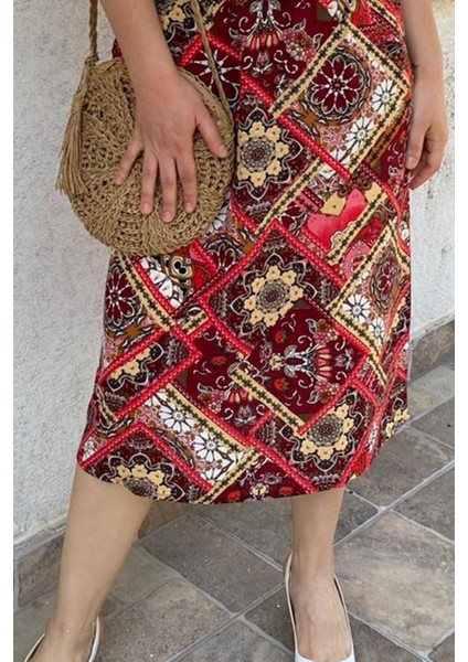 Kadın Renkli Kırmızı Cepli Midi Etek 12D-5069 fiyatları