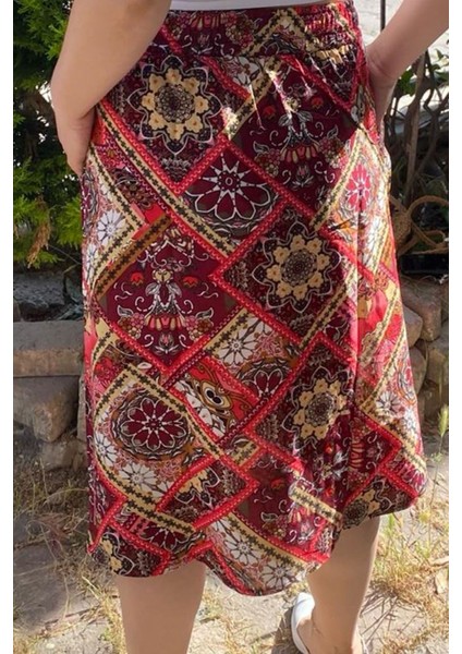 Kadın Renkli Kırmızı Cepli Midi Etek 12D-5069 modelleri