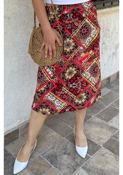 Kadın Renkli Kırmızı Cepli Midi Etek 12D-5069 fırsatları