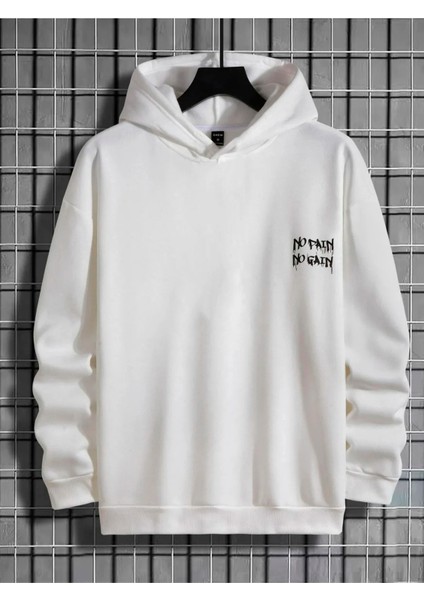 Beyaz No Pain No Gain Baskılı Oversize Kapüşonlu Sweatshirt