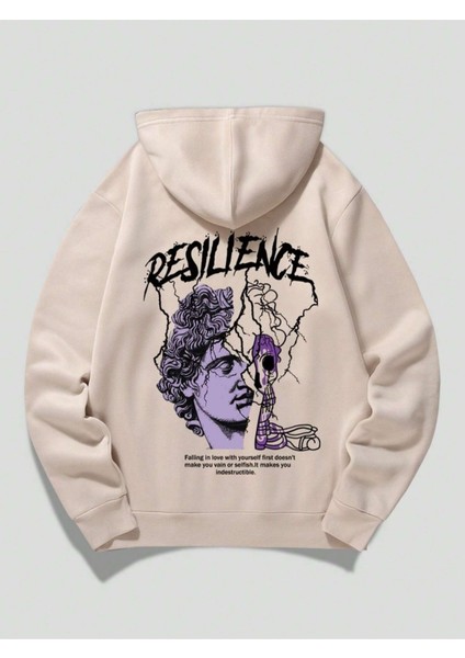 Bej Resilience Baskılı Oversize Kapüşonlu Erkek Sweatshirt