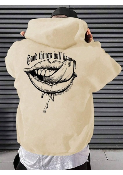 Bej Good Things Baskılı Oversize Kapüşonlu Erkek Sweatshirt