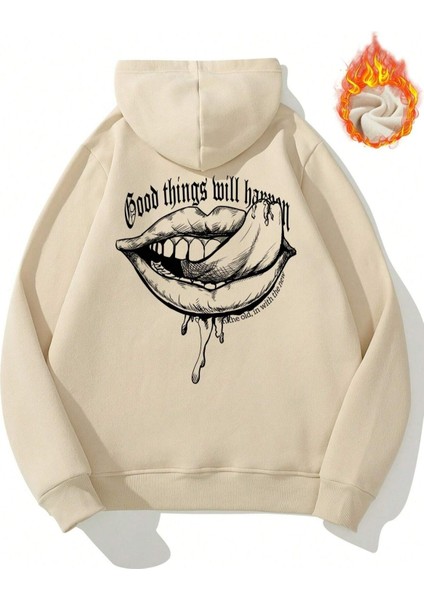 Bej Good Things Baskılı Oversize Kapüşonlu Erkek Sweatshirt