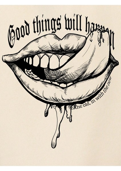 Bej Good Things Baskılı Oversize Kapüşonlu Erkek Sweatshirt