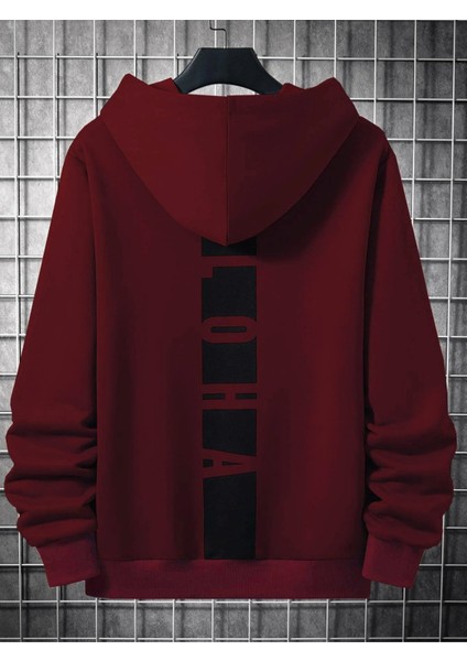 Bordo Sırt Aloha Baskılı Oversize Kapüşonlu Erkek Sweatshirt