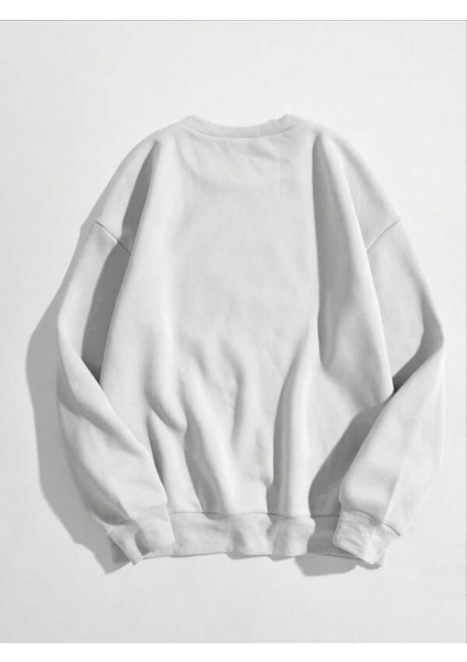 Beyaz Fasion Baskılı Oversize Bisiklet Yaka Erkek Sweatshirt