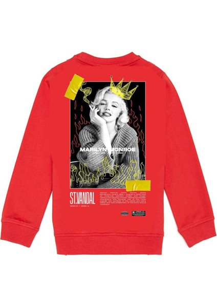 Kırmızı Marilyn Monroe Baskılı Oversize Erkek Bisiklet Yaka Sweatshirt