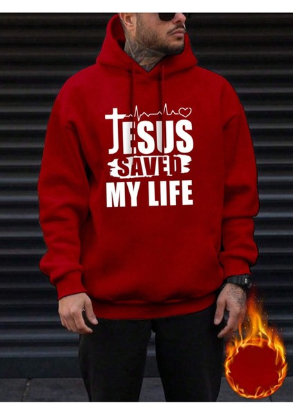 Kırmızı Jesus Saved Baskılı Oversize Kapüşonlu Erkek Sweatshirt