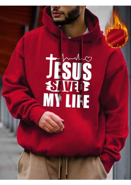 Kırmızı Jesus Saved Baskılı Oversize Kapüşonlu Erkek Sweatshirt