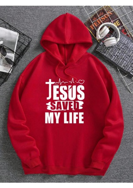 Kırmızı Jesus Saved Baskılı Oversize Kapüşonlu Erkek Sweatshirt