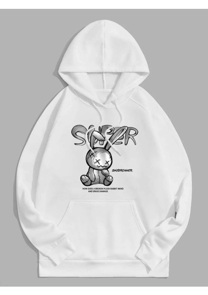 Beyaz Süper Tavşan Baskılı Oversize Kapüşonlu Erkek Sweatshirt fırsatları