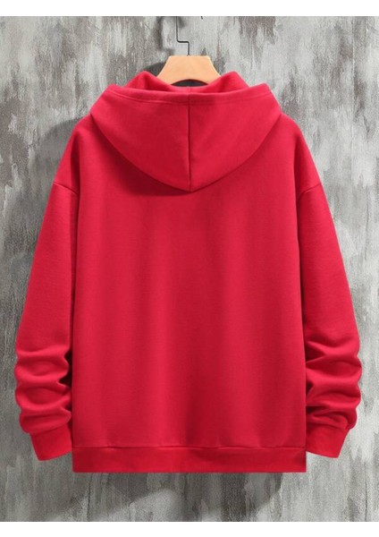 Kırmızı Power Baskılı Oversize Kapüşonlu Erkek Sweatshirt
