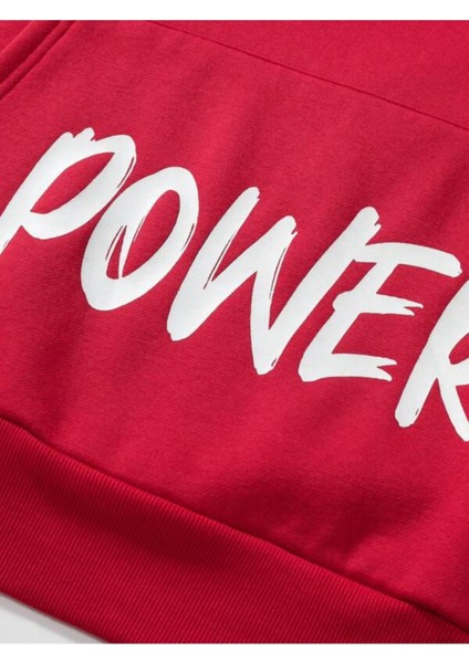 Kırmızı Power Baskılı Oversize Kapüşonlu Erkek Sweatshirt