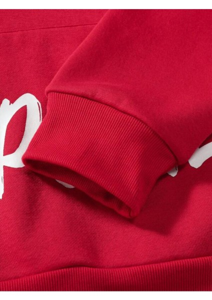 Kırmızı Power Baskılı Oversize Kapüşonlu Erkek Sweatshirt