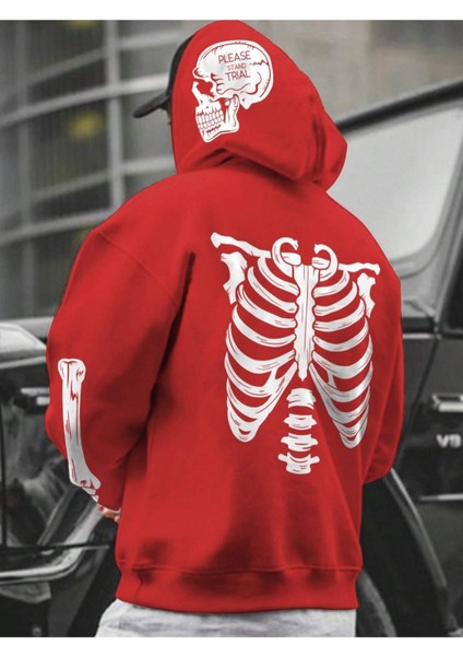 Kırmızı İskelet Baskılı Oversize Erkek Sweatshirt