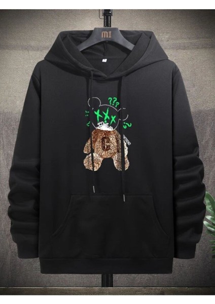 Erkek Siyah Xxx Ayıcık Baskılı Oversize Kapüşonlu Sweatshirt