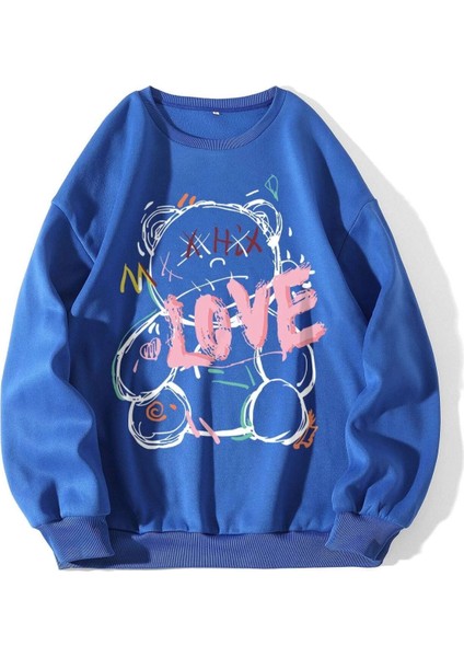 Unisex Mavi Love Bisiklet Yaka Baskılı Oversize Sweatshirt