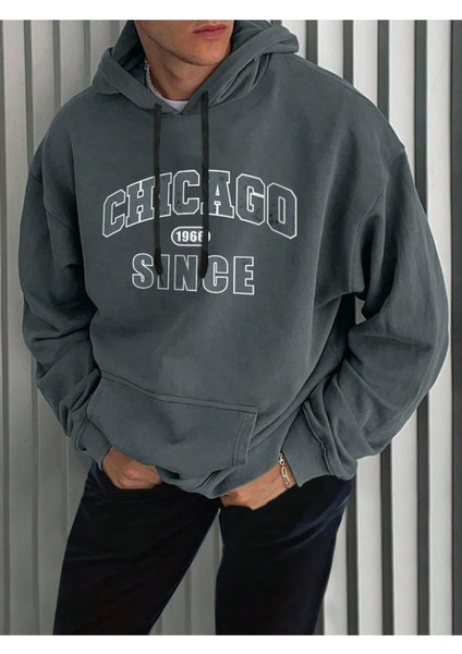 Antrasit Chicago 1966 Since Baskılı Oversize Kapüşonlu Erkek Sweatshirt