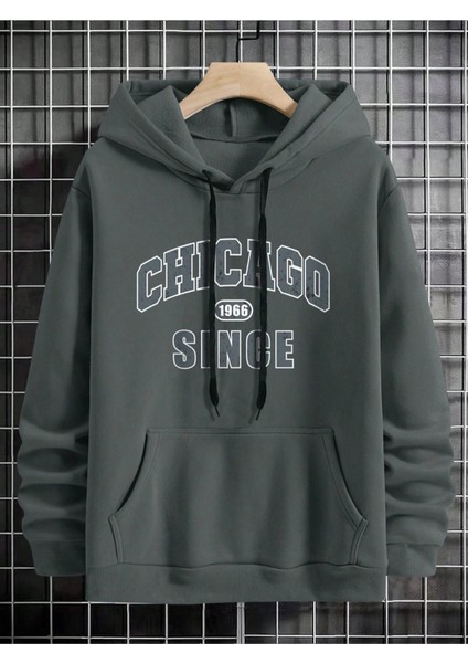 Antrasit Chicago 1966 Since Baskılı Oversize Kapüşonlu Erkek Sweatshirt