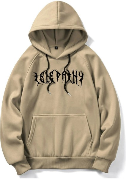 Bej Telepathy Baskılı Oversize Kapüşonlu Erkek Sweatshirt fiyatları