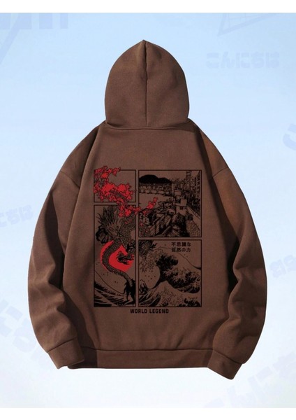Kahverengi World Legend Baskılı Oversize Kapüşonlu Erkek Sweatshirt