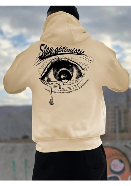 Bej Stay Optimistic Baskılı Oversize Kapüşonlu Erkek Sweatshirt