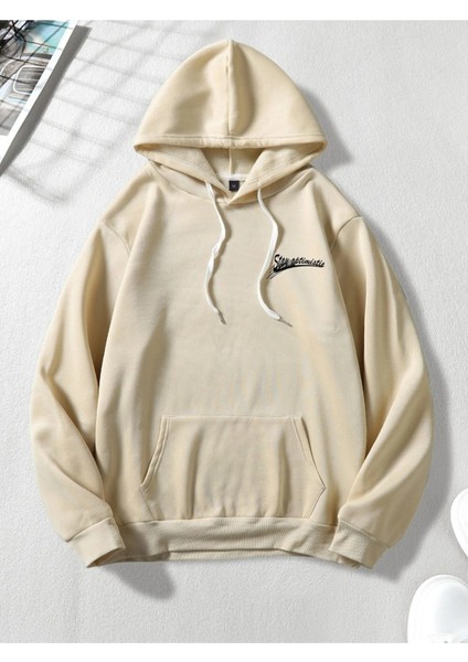 Bej Stay Optimistic Baskılı Oversize Kapüşonlu Erkek Sweatshirt