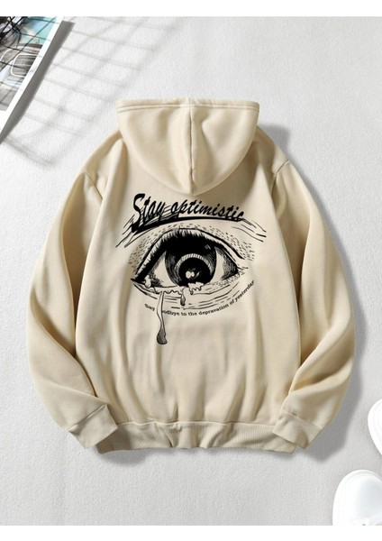 Bej Stay Optimistic Baskılı Oversize Kapüşonlu Erkek Sweatshirt