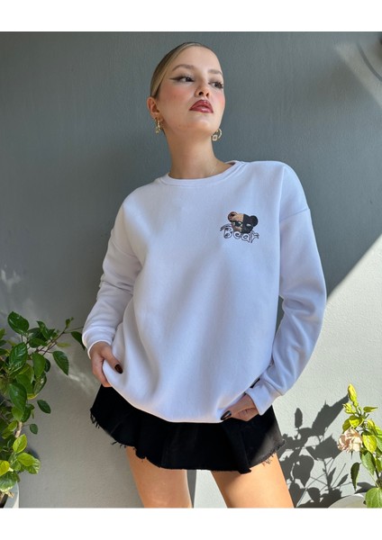 Bebe Mavisi Bear Baskılı Oversize Bisiklet Yaka Kadın Sweatshirt