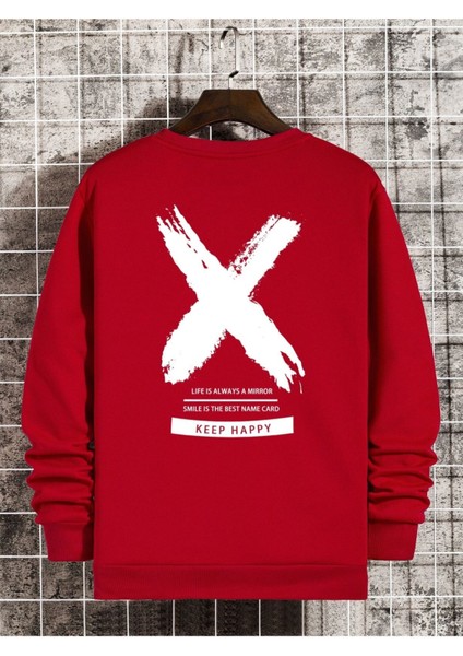 Kırmızı Keep Happy Baskılı Oversize Bisiklet Yaka Erkek Sweatshirt