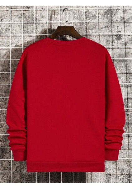 Kırmızı Keep Happy Baskılı Oversize Bisiklet Yaka Erkek Sweatshirt