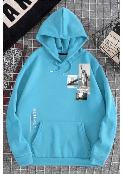 Bebe Mavisi Özgürlük Heykeli Baskılı Oversize Kapuşonlu Erkek Sweatshirt.