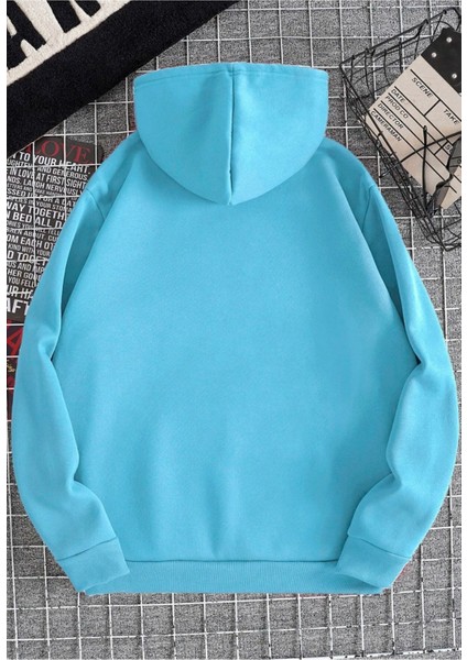 Bebe Mavisi Özgürlük Heykeli Baskılı Oversize Kapuşonlu Erkek Sweatshirt.