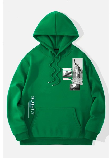 Yeşil Özgürlük Heykeli Baskılı Oversize Kapuşonlu Erkek Sweatshirt