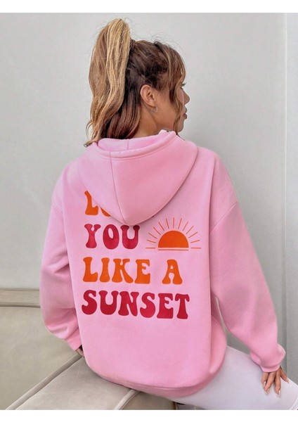 Pembe Love You Baskılı Oversize Kapüşonlu Unisex Sweatshirt