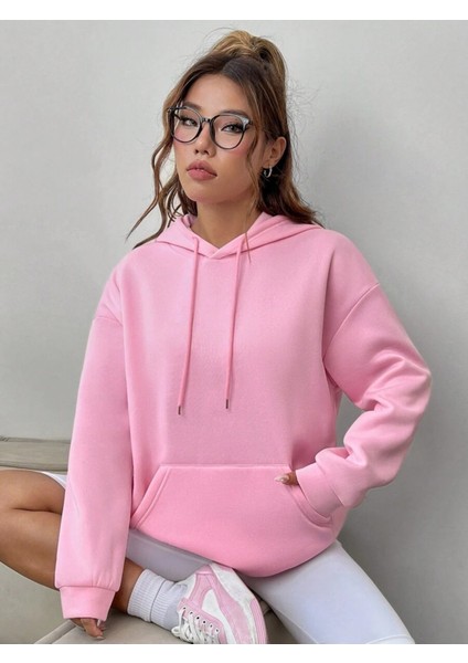 Pembe Love You Baskılı Oversize Kapüşonlu Unisex Sweatshirt